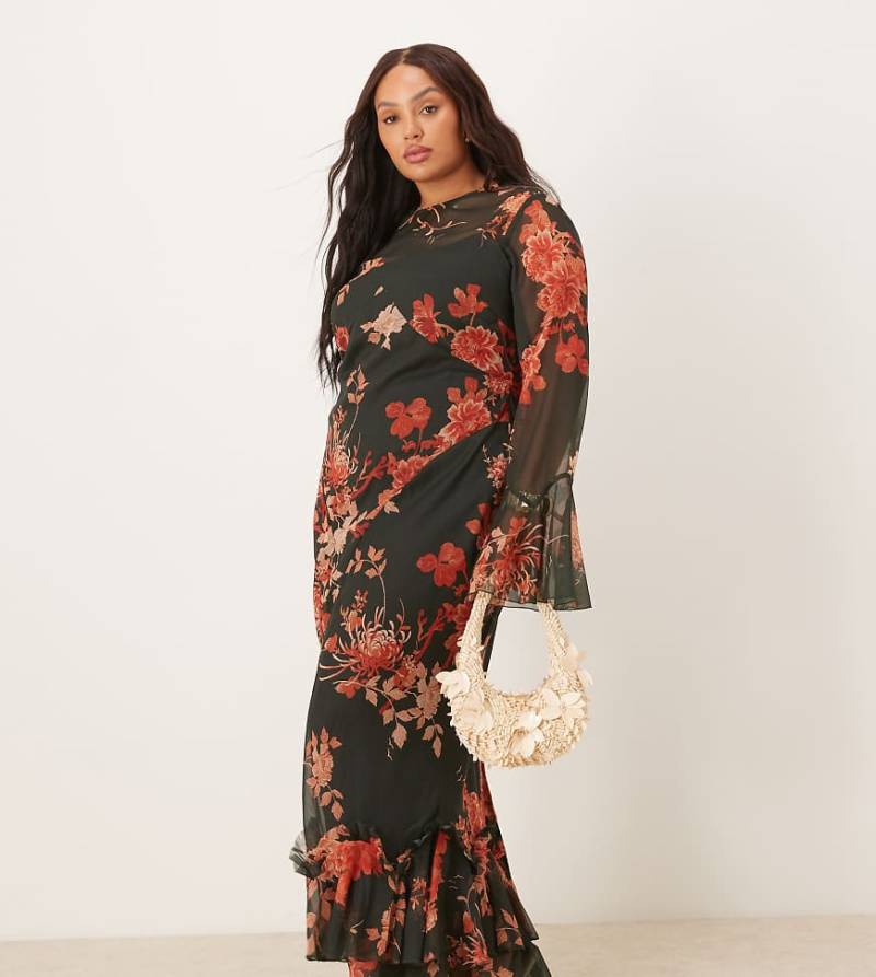 ASOS DESIGN Curve - Langärmliges Maxikleid in Schwarz mit Rüschen, Ziernaht, V-Rückenausschnitt und Blumenmuster-Bunt von ASOS Curve