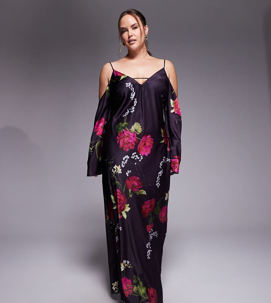 ASOS DESIGN Curve - Langärmliges Midi-Trägerkleid aus lila Satin mit Blumenmuster und abfallender Schulterpartie-Bunt von ASOS Curve