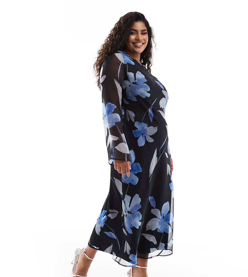 ASOS DESIGN Curve - Langärmliges Midikleid aus Chiffon mit Muster in Blau-Bunt ASOS DESIGN Curve - Langärmliges Midikleid aus Chiffon mit Muster in Blau-Bunt von ASOS Curve