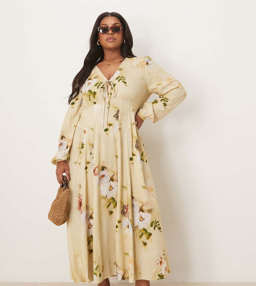 ASOS DESIGN Curve - Langärmliges Midikleid in Creme geblümt mit V-Ausschnitt und Bindebändern vorne-Bunt von ASOS Curve
