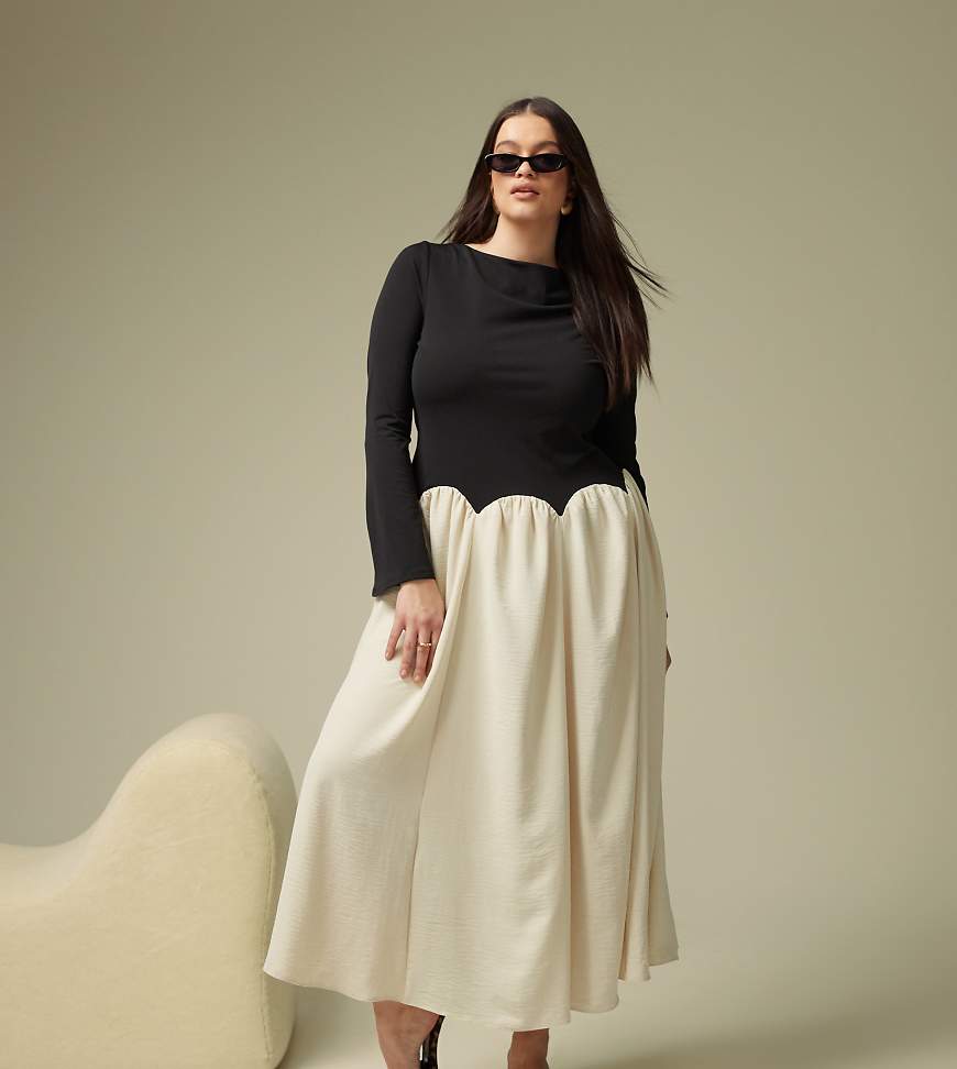 ASOS DESIGN Curve - Langärmliges Midikleid in Schwarz mit Farbblockdesign, weitem Rock und Muschelsaum-Detail von ASOS Curve