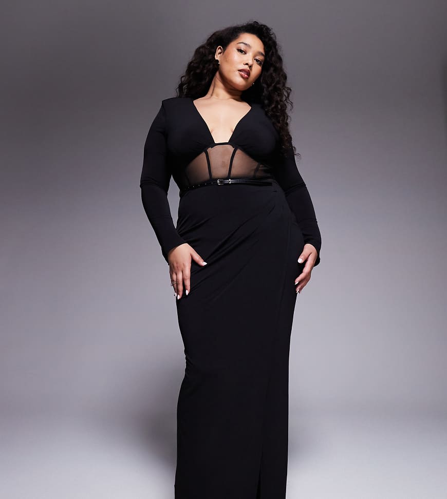 ASOS DESIGN Curve - Langärmliges Midikleid in Schwarz mit Netzstoff-Einsatz von ASOS Curve