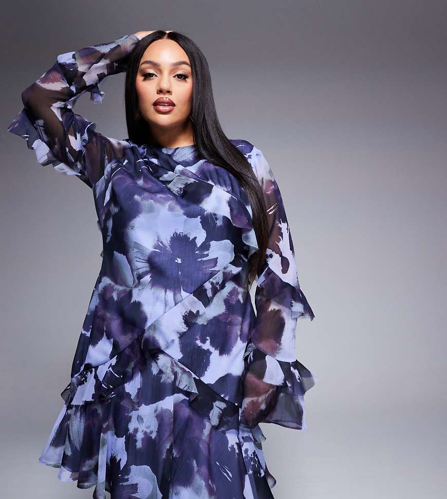 ASOS DESIGN Curve - Langärmliges Minikleid in Blau mit Print, Rüschen und unverarbeitetem Saum-Bunt von ASOS Curve