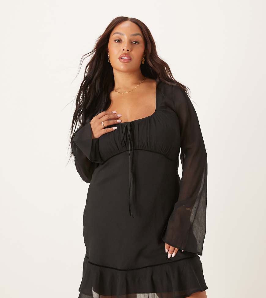 ASOS DESIGN Curve - Langärmliges Minikleid in Schwarz mit geraffter Brustpartie und U-Ausschnitt von ASOS Curve