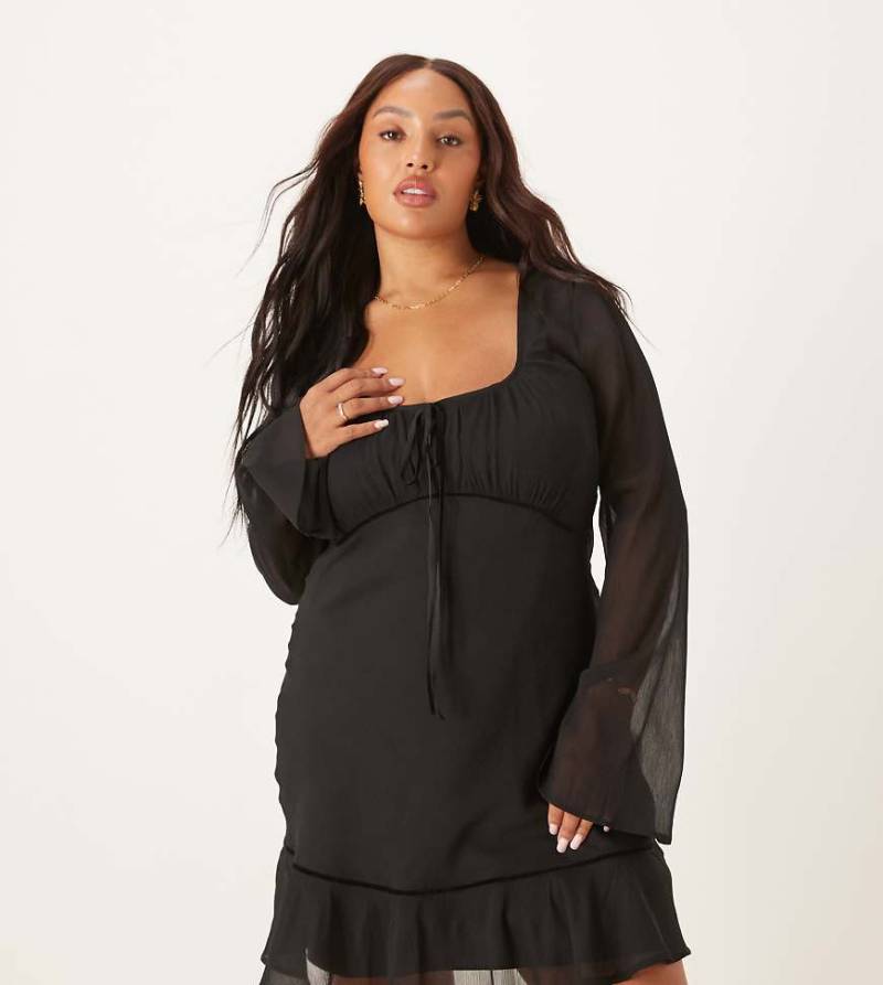 ASOS DESIGN Curve - Langärmliges Minikleid in Schwarz mit geraffter Brustpartie und U-Ausschnitt von ASOS Curve