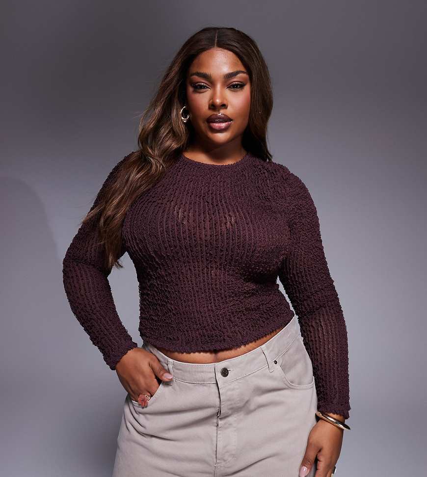 ASOS DESIGN Curve - Langärmliges Oberteil in Schokobraun mit Struktur und Rüschen-Brown von ASOS Curve