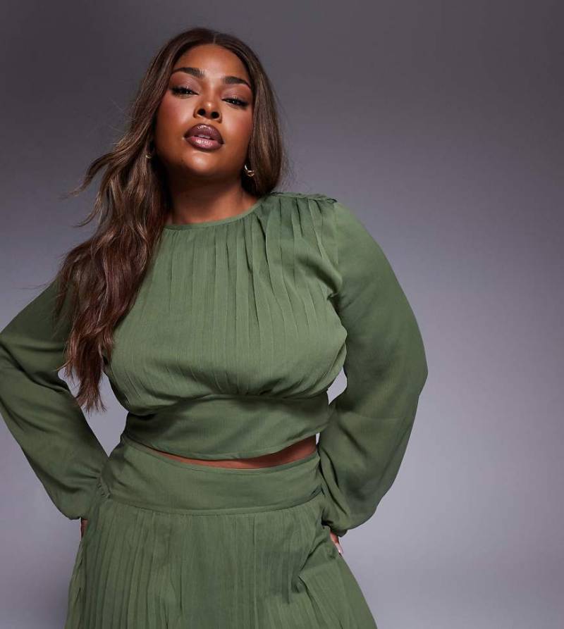 ASOS DESIGN Curve - Langärmliges Oberteil in Olivgrün mit Faltendetail an der Taille, Kombiteil von ASOS Curve