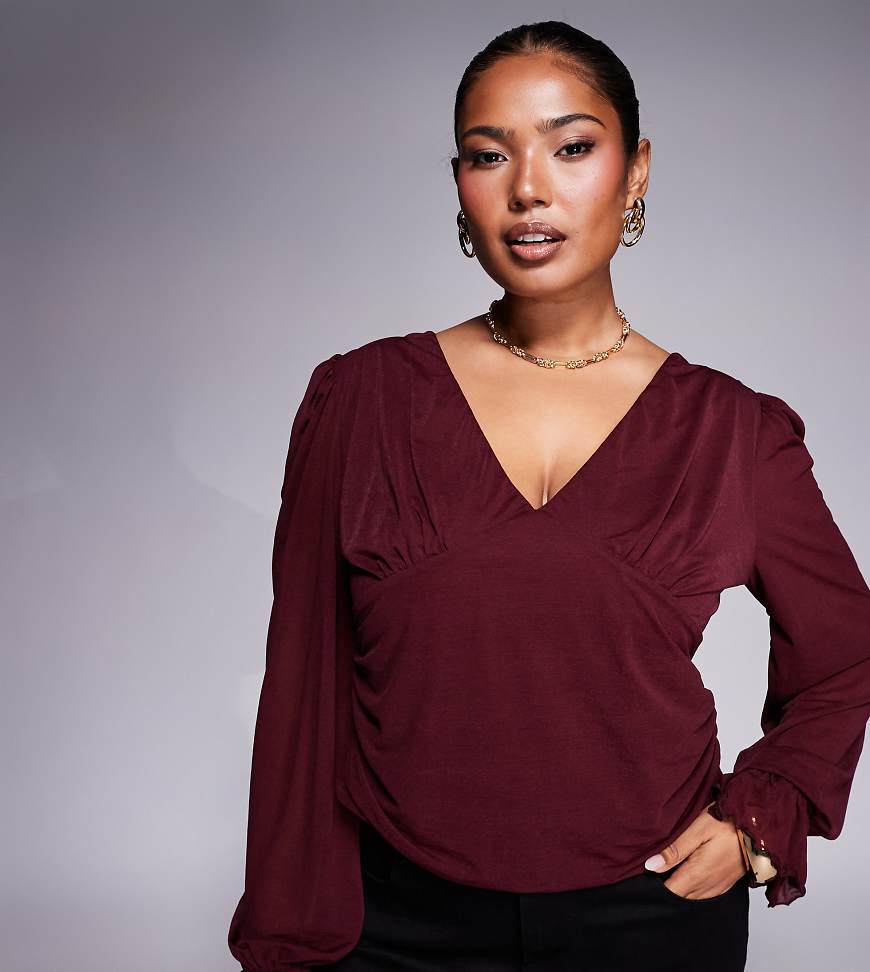 ASOS DESIGN Curve - Langärmliges Oberteil in halbtransparentem Burgunderrot mit V-Ausschnitt von ASOS Curve