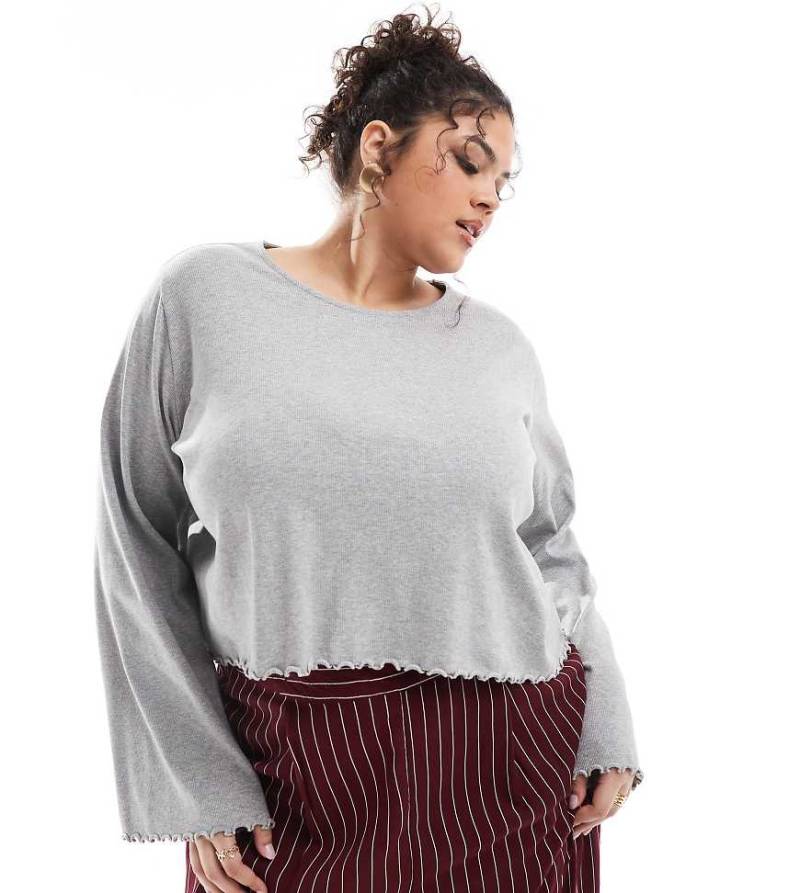 ASOS DESIGN Curve - Langärmliges T-Shirt in meliertem Grau mit Kräuselsaum von ASOS Curve