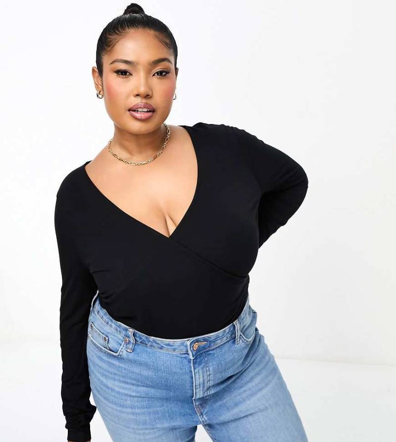 ASOS DESIGN Curve - Langärmliges Wickel-Oberteil in Schwarz von ASOS Curve