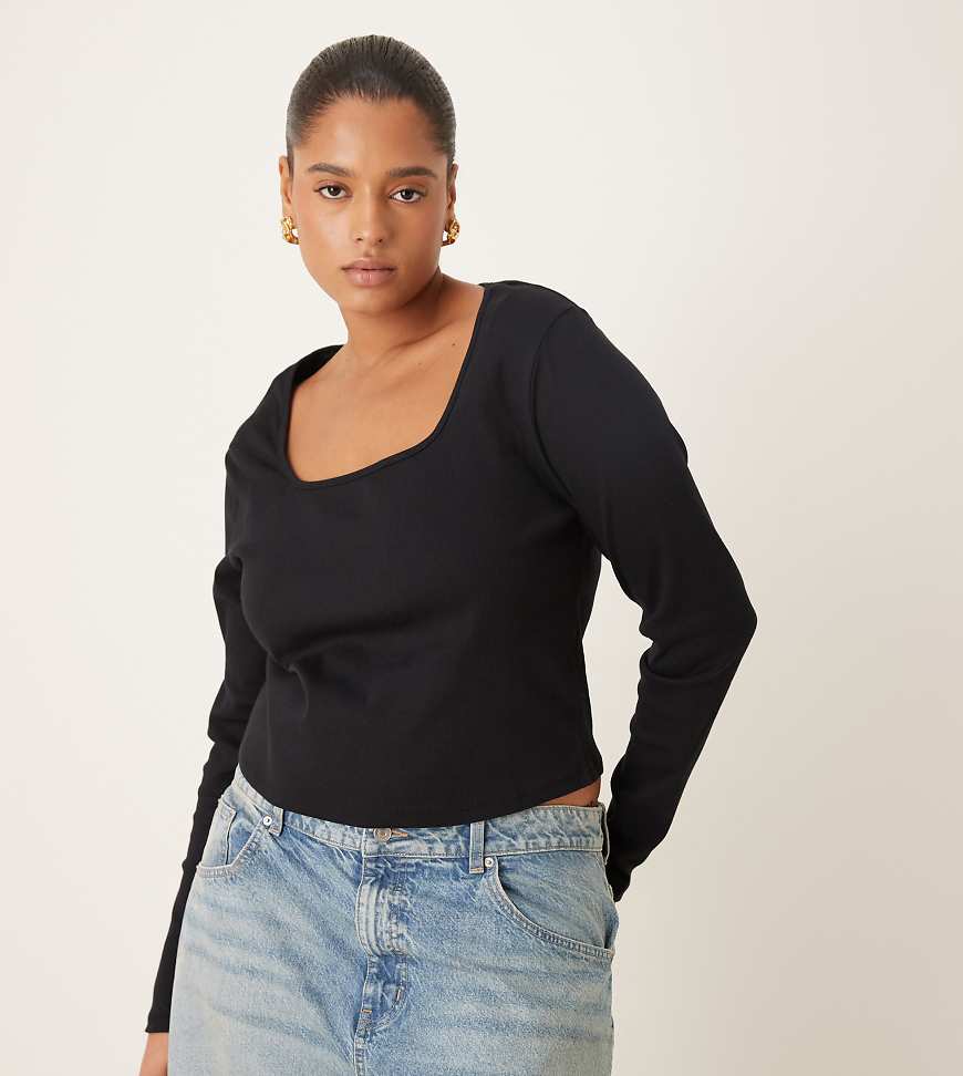 ASOS DESIGN Curve - Langärmliges geripptes Oberteil in Schwarz mit eckigem Ausschnitt-Bunt von ASOS Curve