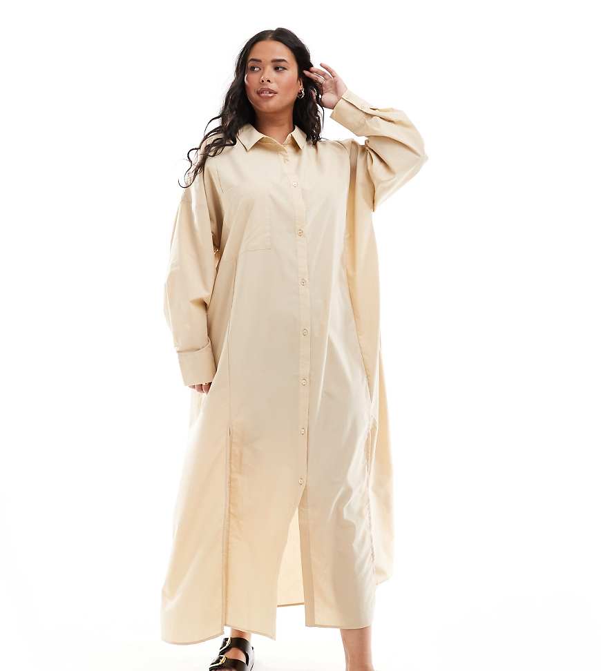 ASOS DESIGN Curve - Langes Hemdblusenkleid in Steinbeige mit zwei hohen Schlitzen-Neutral ASOS DESIGN Curve - Langes Hemdblusenkleid in Steinbeige mit zwei hohen Schlitzen-Neutral von ASOS Curve