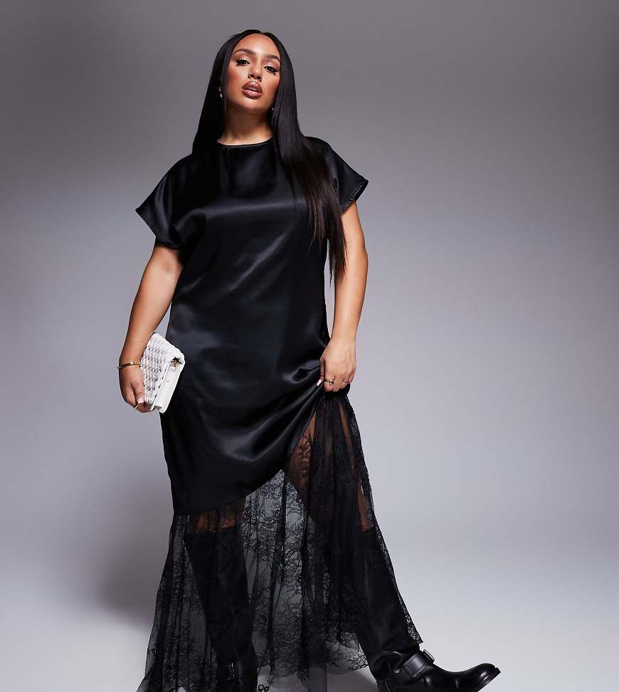 ASOS DESIGN Curve - Langes T-Shirt-Kleid aus Satin und Spitze in Schwarz von ASOS Curve
