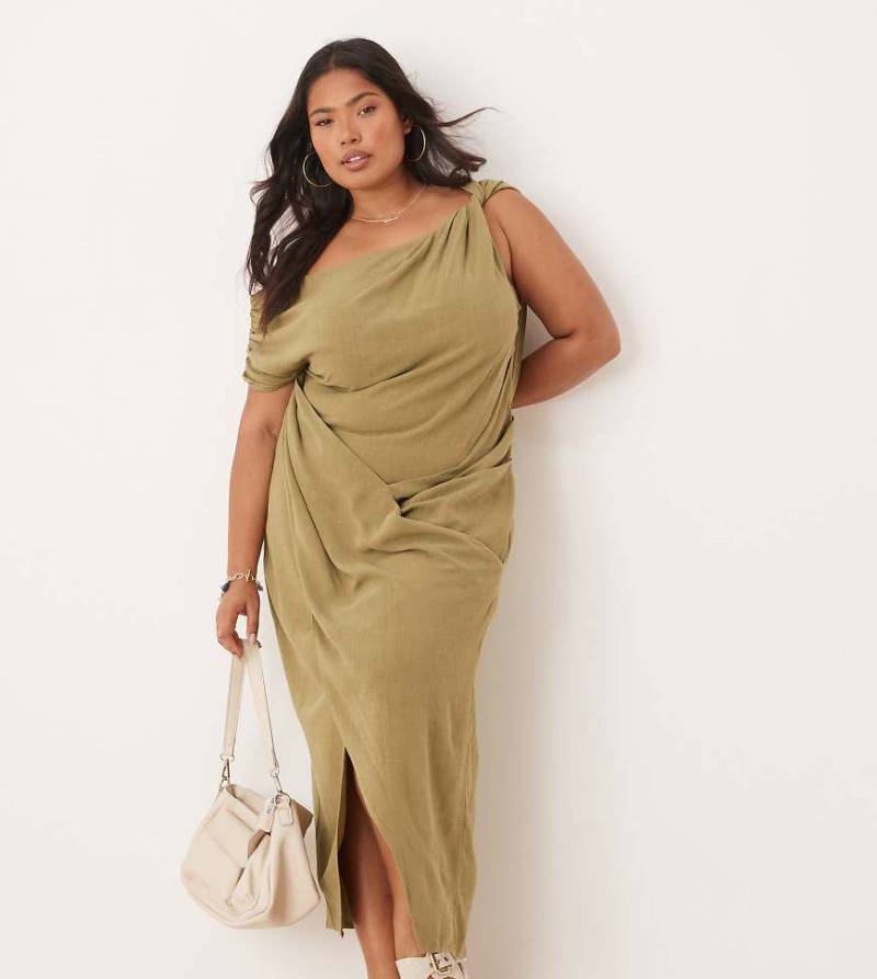 ASOS DESIGN Curve - Leinen-Midikleid in Khaki mit Wickelrock und abfallender, verdrehter Schulterpartie-Grün von ASOS Curve