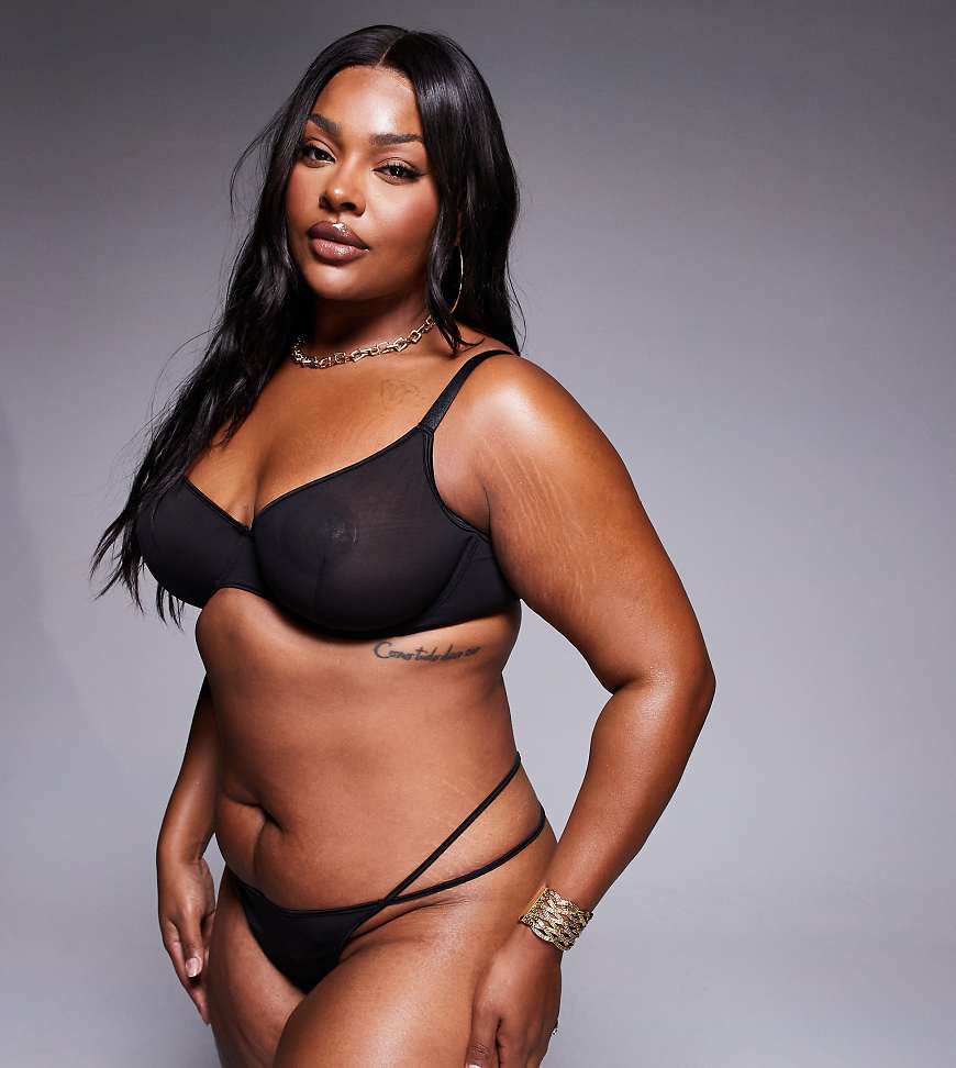 ASOS DESIGN Curve - Lennox - Netzstoff-Tanga in Schwarz mit Satineinfassung von ASOS Curve