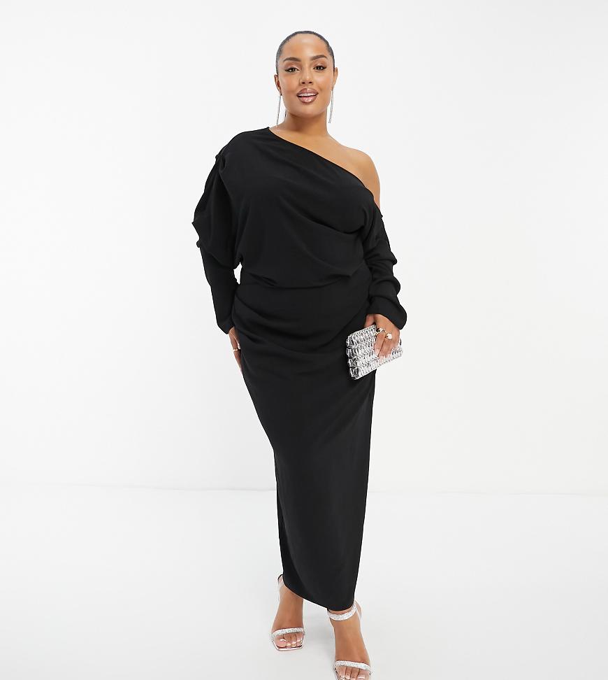 ASOS DESIGN Curve - Lockeres Midikleid in Schwarz mit abfallender Schulterpartie ASOS DESIGN Curve - Lockeres Midikleid in Schwarz mit abfallender Schulterpartie von ASOS Curve