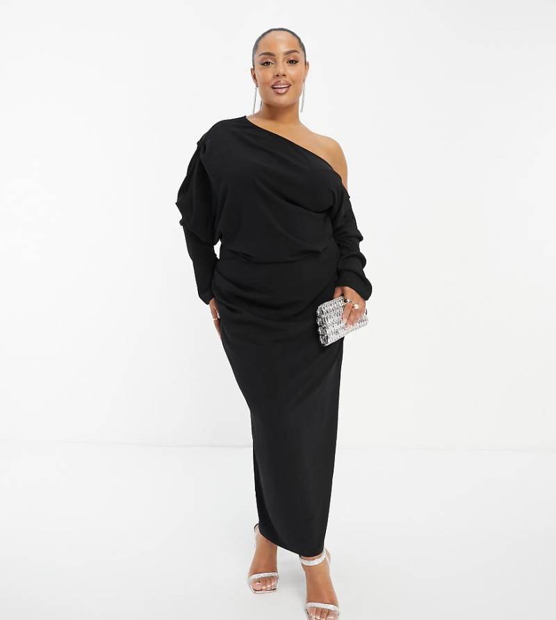 ASOS DESIGN Curve - Lockeres Midikleid in Schwarz mit abfallender Schulterpartie von ASOS Curve