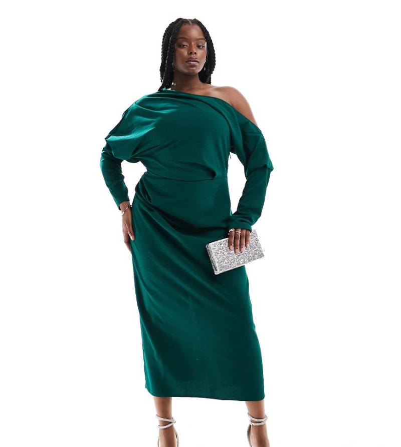 ASOS DESIGN Curve - Lockeres Midikleid in Waldgrün mit abfallender Schulterpartie von ASOS Curve