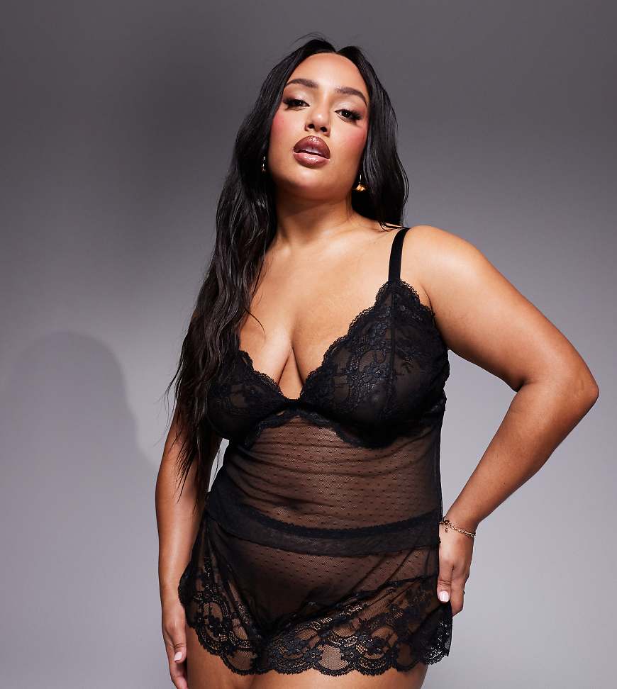 ASOS DESIGN Curve - Lola - Set mit Spitzen-Camisole und -Shorts in Schwarz ASOS DESIGN Curve - Lola - Set mit Spitzen-Camisole und -Shorts in Schwarz von ASOS Curve