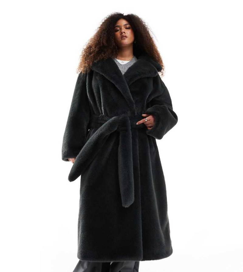 ASOS DESIGN Curve - Longline-Mantel aus Kunstpelz in Tannengrün mit Bindegürtel von ASOS Curve