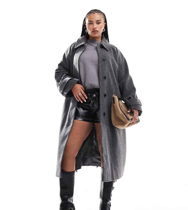 ASOS DESIGN Curve - Longline-Mantel in Anthrazit mit Fischgrätmuster und Reverskragen-Grau von ASOS Curve