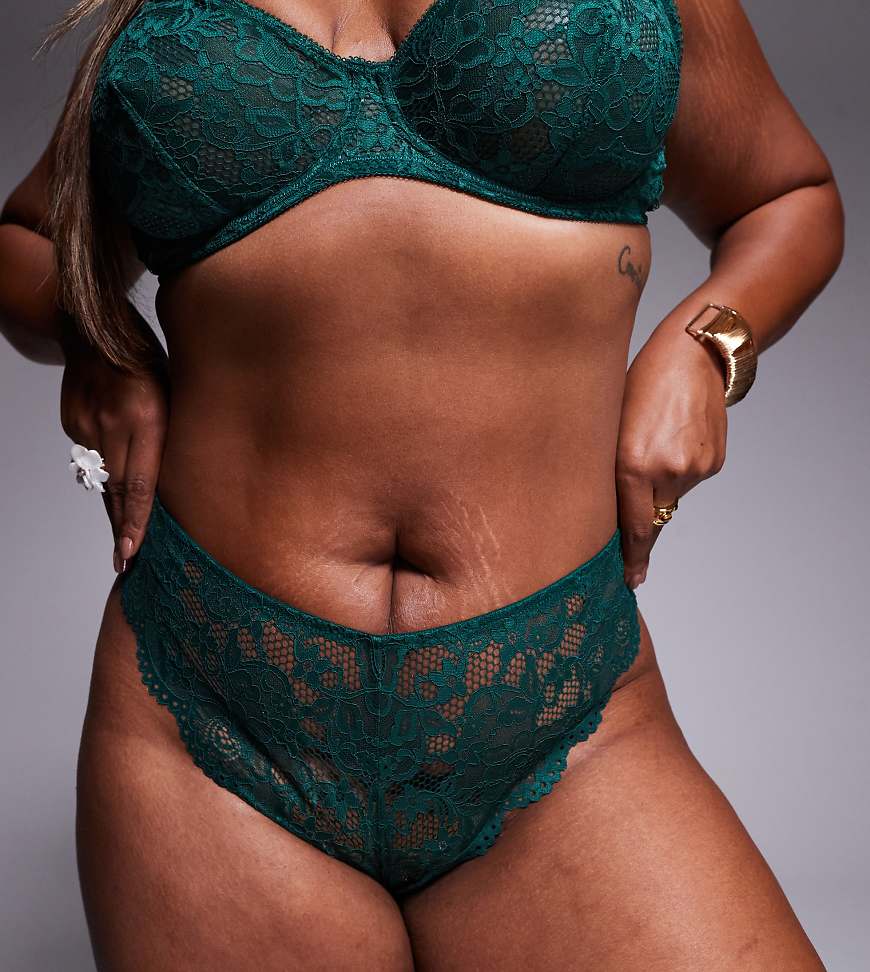 ASOS DESIGN Curve - Margot - Brazilian-Slip aus Spitze in Waldgrün mit hohem Beinausschnitt von ASOS Curve