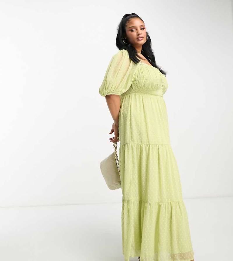 ASOS DESIGN Curve - Maxi-Freizeitkleid aus Dobby-Stoff in Limettengrün mit Rückenausschnitt und Spitzeneinsatz von ASOS Curve