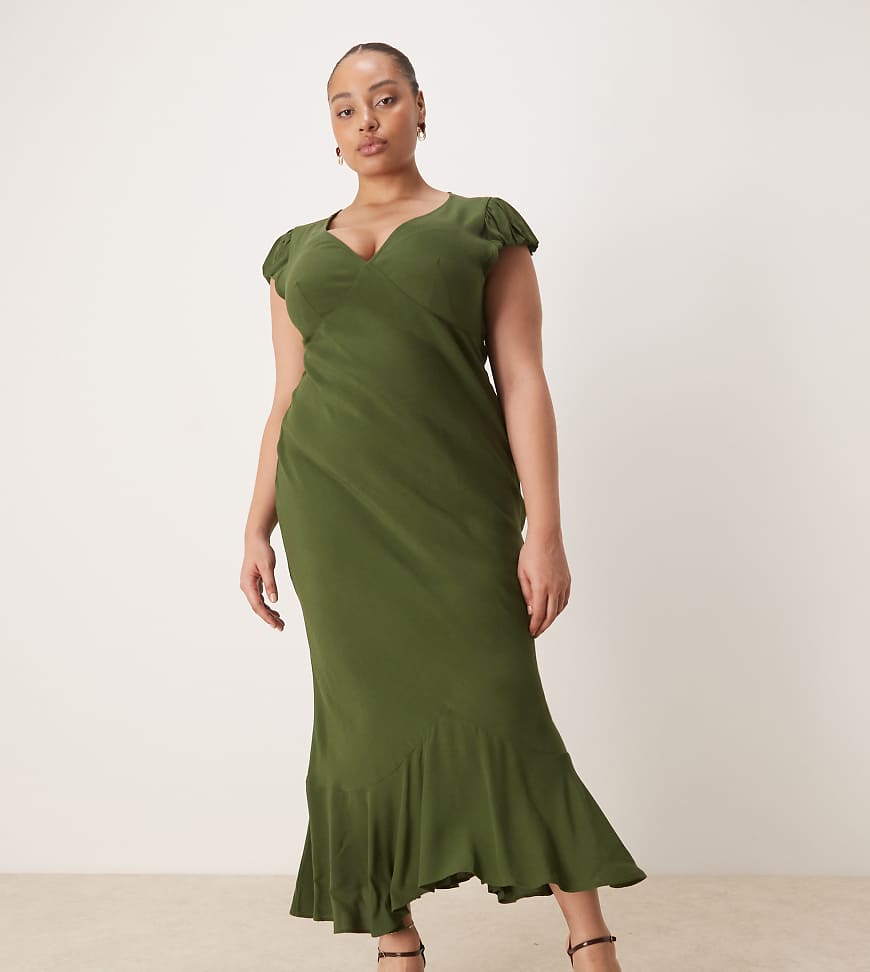 ASOS DESIGN Curve - Maxi-Freizeitkleid in Grün mit Puffärmeln und V-Ausschnitt-Bunt von ASOS Curve