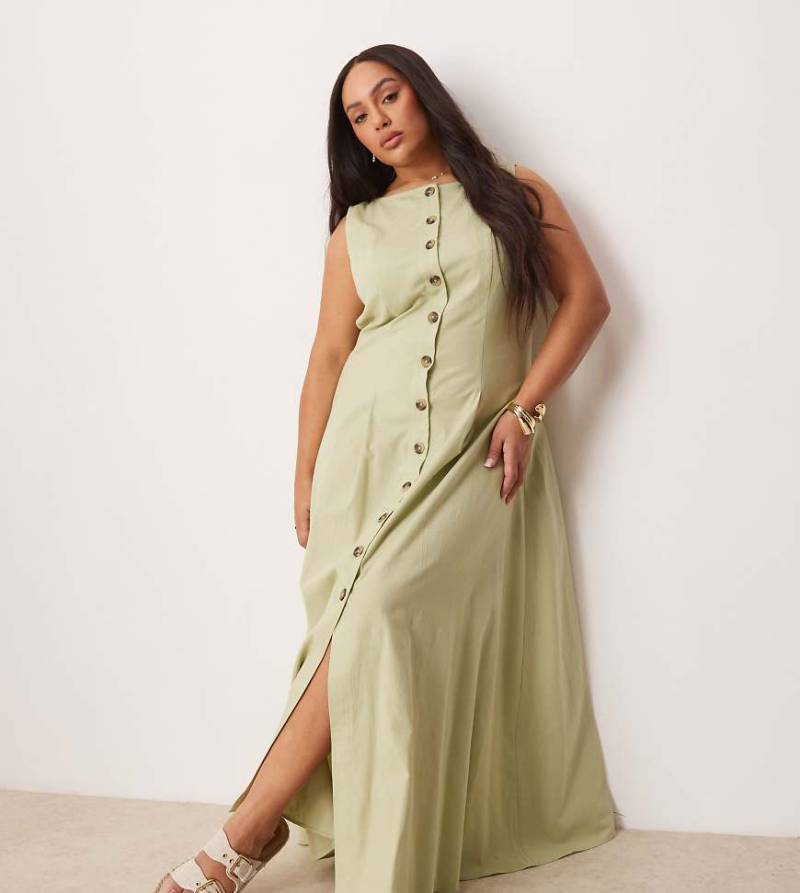 ASOS DESIGN Curve - Maxi-Westenkleid in Salbeigrün mit Knopfleiste und U-Boot-Ausschnitt von ASOS Curve