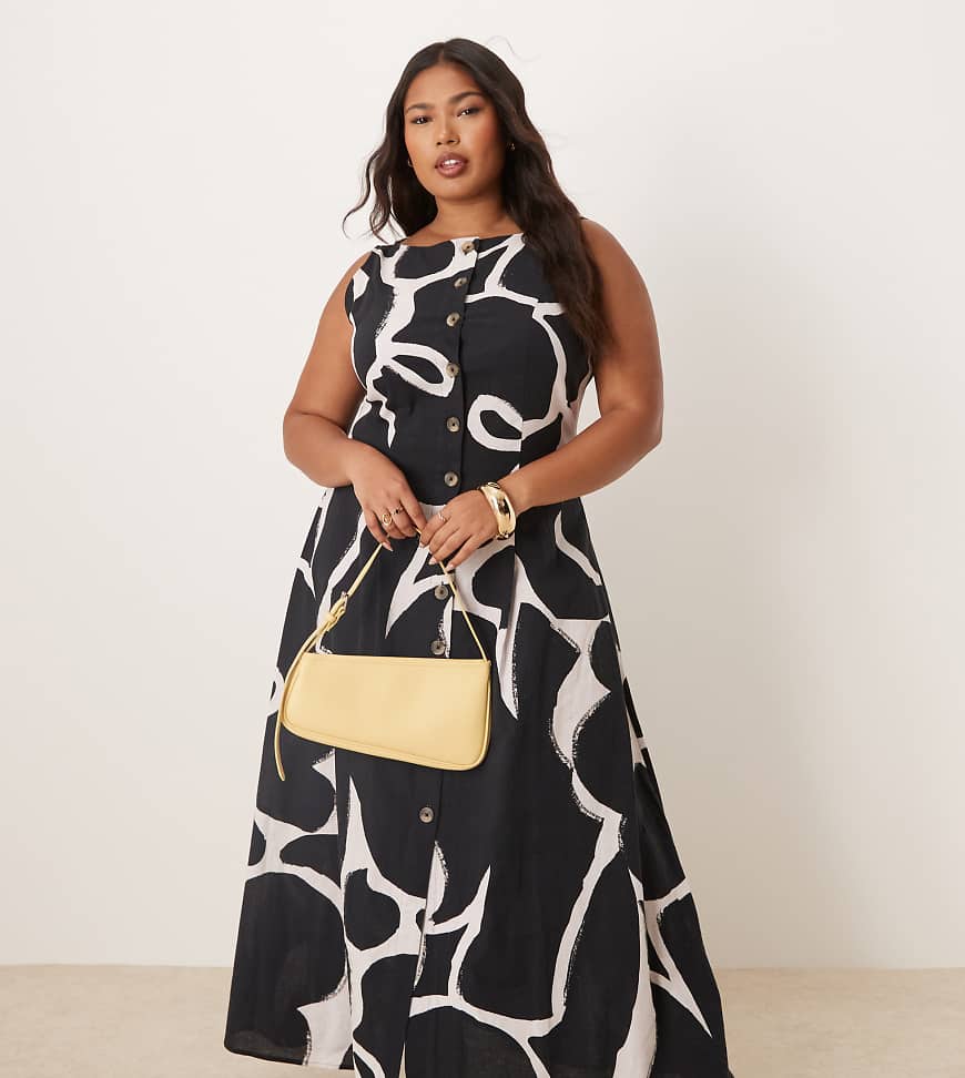 ASOS DESIGN Curve - Maxi-Westenkleid in Schwarz mit Knopfleiste, U-Boot-Ausschnitt und abstraktem Muster-Bunt von ASOS Curve