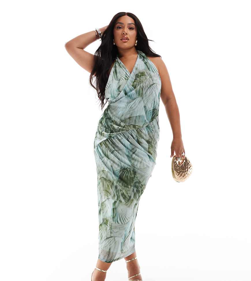 ASOS DESIGN Curve - Maxikleid aus Netzstoff in Grüntönen mit verdrehtem Neckholder, drapiertem Oberteil und Muschelmuster-Bunt von ASOS Curve