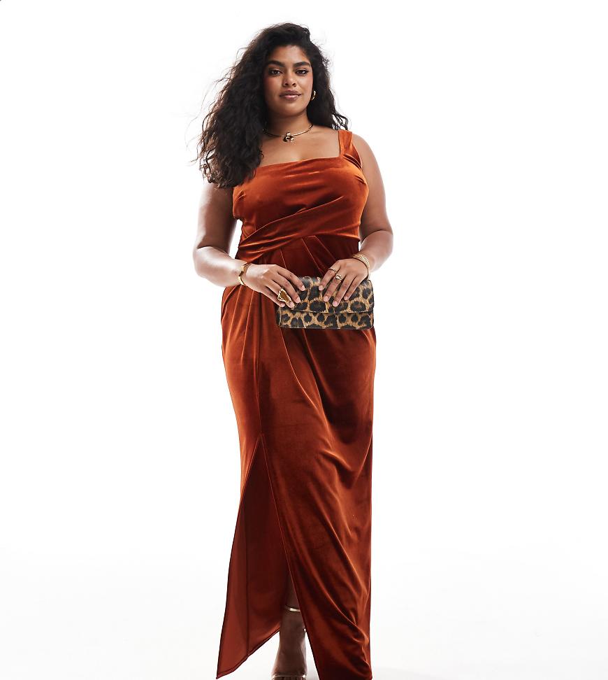 ASOS DESIGN Curve - Maxikleid aus Samt in Rostrot mit tiefem, eckigem Ausschnitt und drapiertem Rock ASOS DESIGN Curve - Maxikleid aus Samt in Rostrot mit tiefem, eckigem Ausschnitt und drapiertem Rock von ASOS Curve