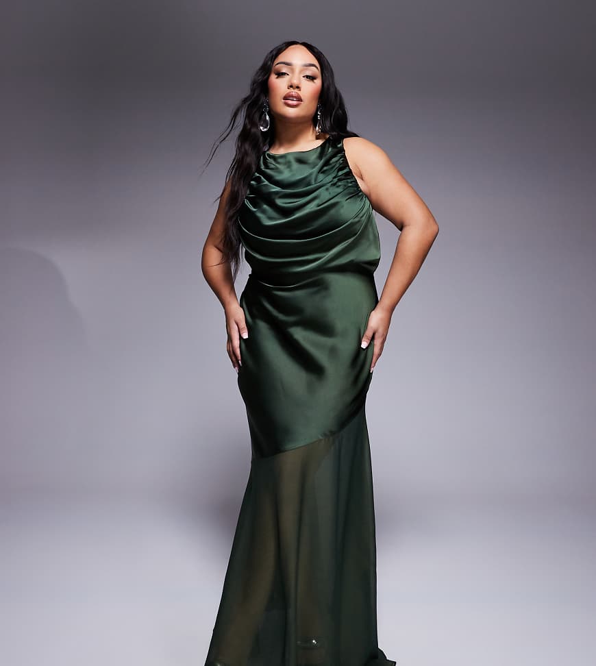 ASOS DESIGN Curve - Maxikleid aus Satin-Chiffon-Mix in kräftigem Grün mit drapiertem Oberteil ASOS DESIGN Curve - Maxikleid aus Satin-Chiffon-Mix in kräftigem Grün mit drapiertem Oberteil von ASOS Curve