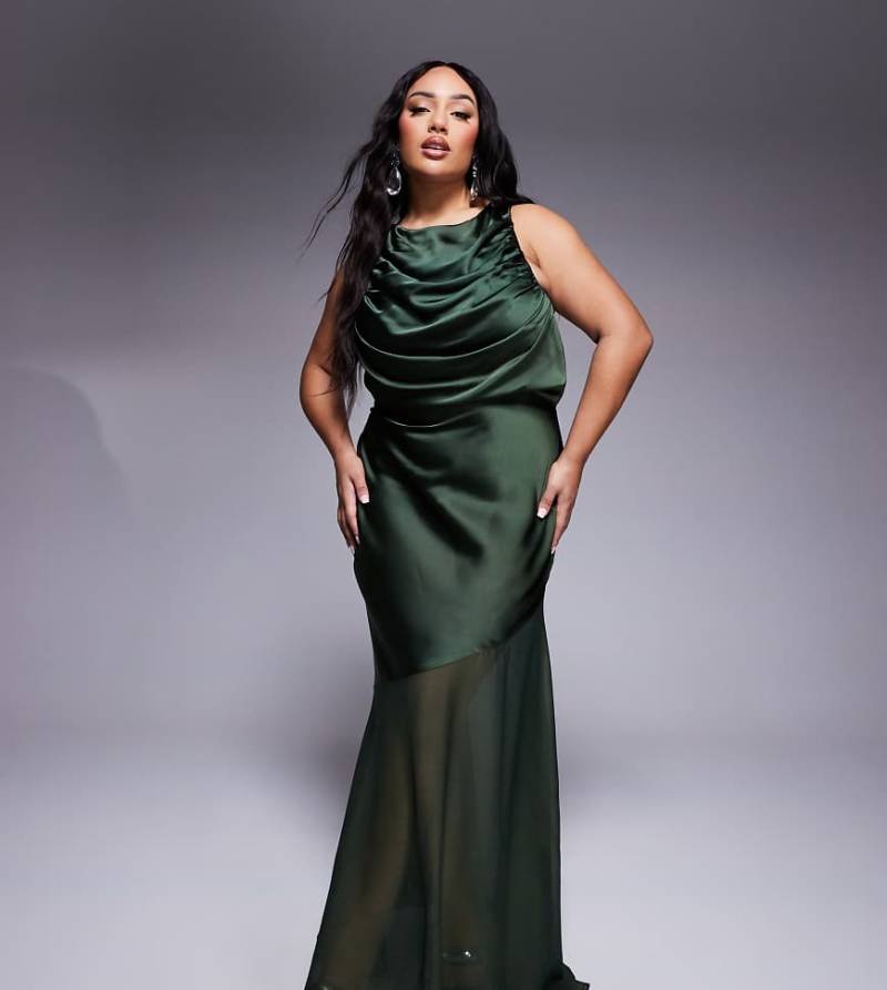 ASOS DESIGN Curve - Maxikleid aus Satin-Chiffon-Mix in kräftigem Grün mit drapiertem Oberteil von ASOS Curve