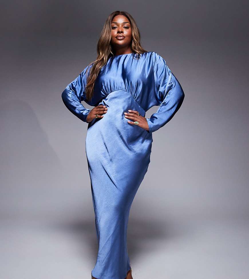ASOS DESIGN Curve - Maxikleid aus Satin in Stahlblau mit Fledermausärmeln ASOS DESIGN Curve - Maxikleid aus Satin in Stahlblau mit Fledermausärmeln von ASOS Curve