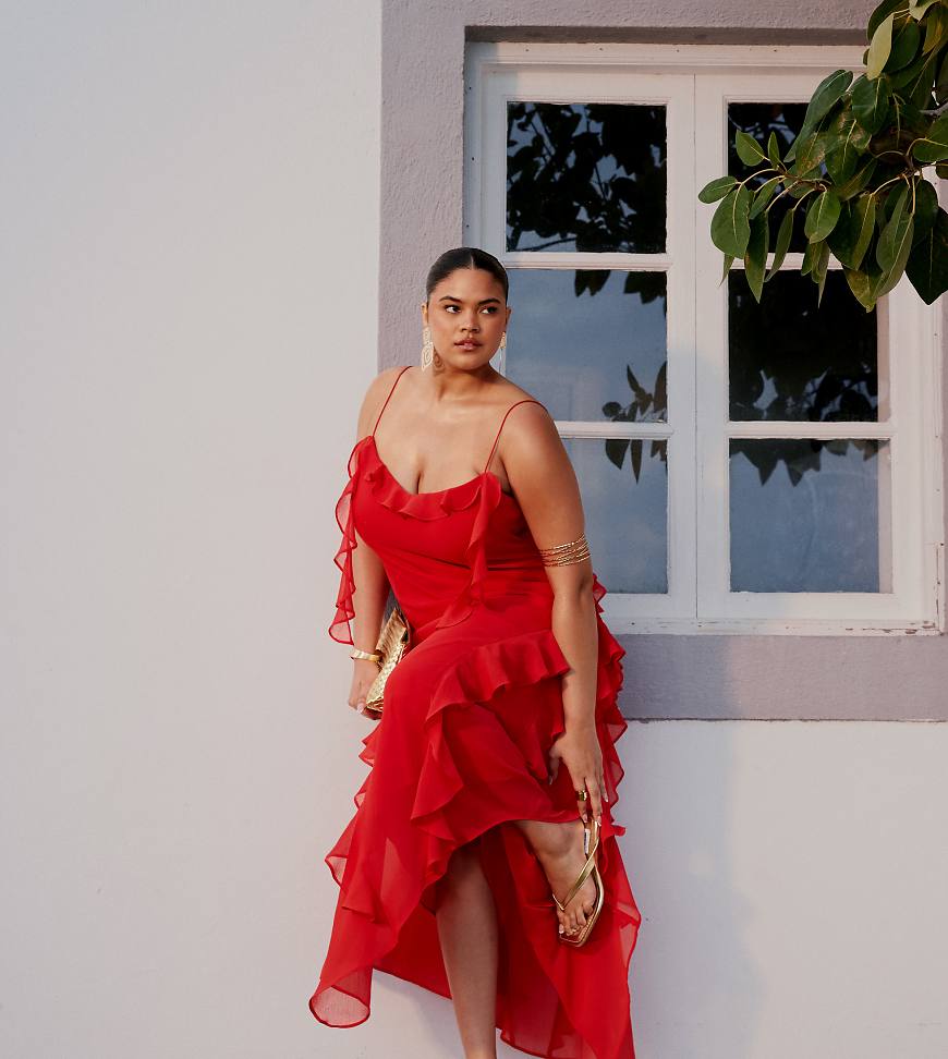 ASOS DESIGN Curve - Maxikleid aus strukturiertem Chiffon in Rot mit Rüschenverzierung von ASOS Curve