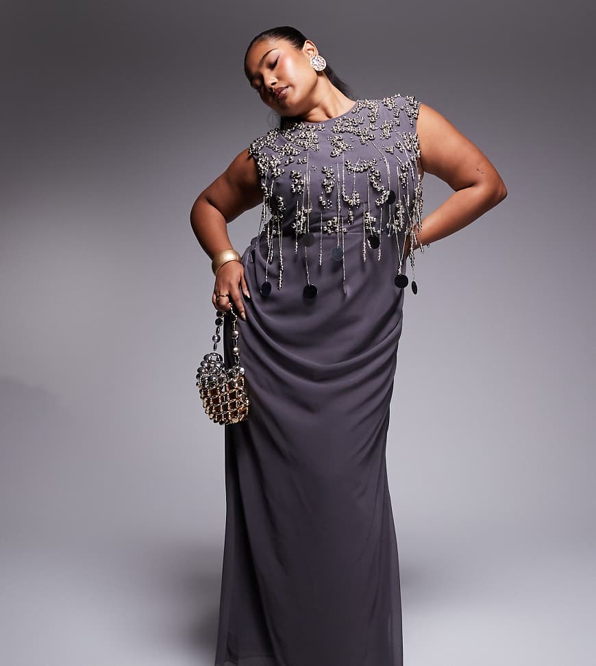 ASOS DESIGN Curve - Maxikleid in Anthrazit mit Cluster-Verzierung am Oberteil und drapiertem Rock-Grau von ASOS Curve