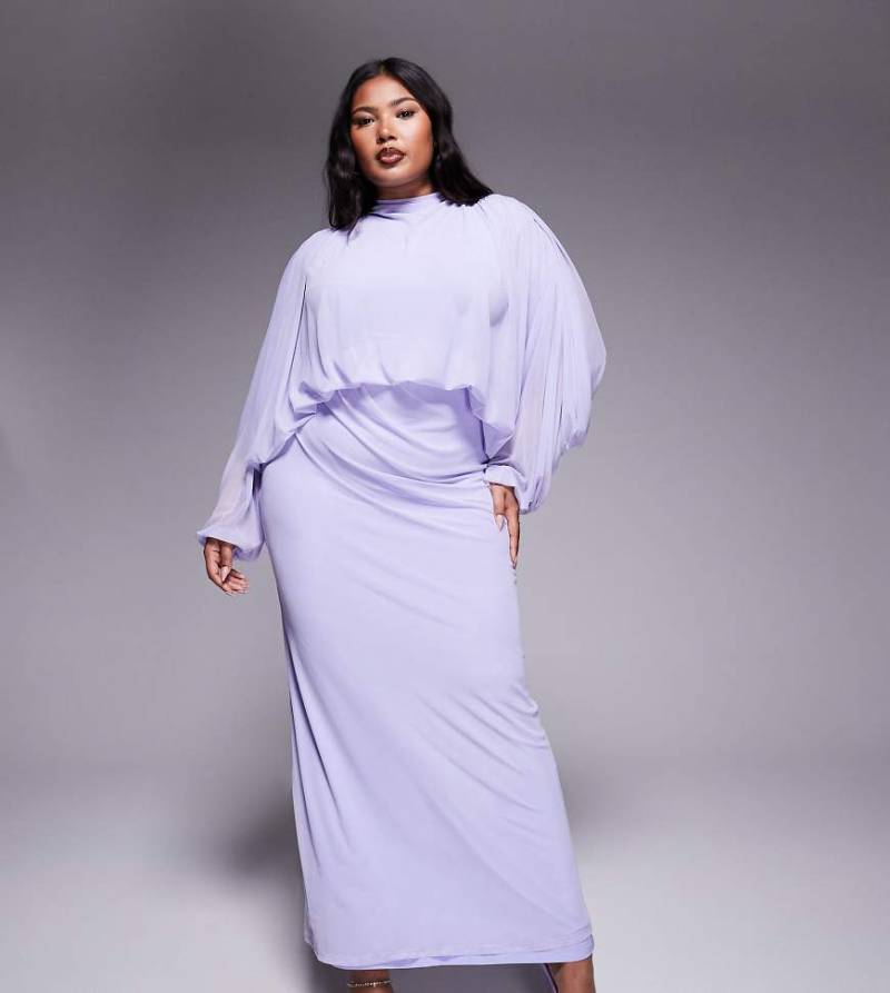 ASOS DESIGN Curve - Maxikleid in Flieder aus Netzstoff mit drapierten, langen Blousonärmeln und gerafftem Rock-Gelb von ASOS Curve