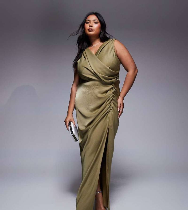 ASOS DESIGN Curve - Maxikleid in Hellgrün mit drapierter Vorderseite und Schlitzdetail von ASOS Curve