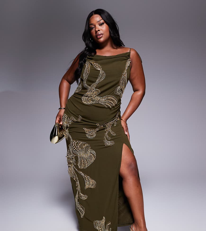 ASOS DESIGN Curve - Maxikleid in Khaki mit Overlay, drapiertem Rock, abfallender Taillenpartie und Verzierung-Grün ASOS DESIGN Curve - Maxikleid in Khaki mit Overlay, drapiertem Rock, abfallender Taillenpartie und Verzierung-Grün von ASOS Curve
