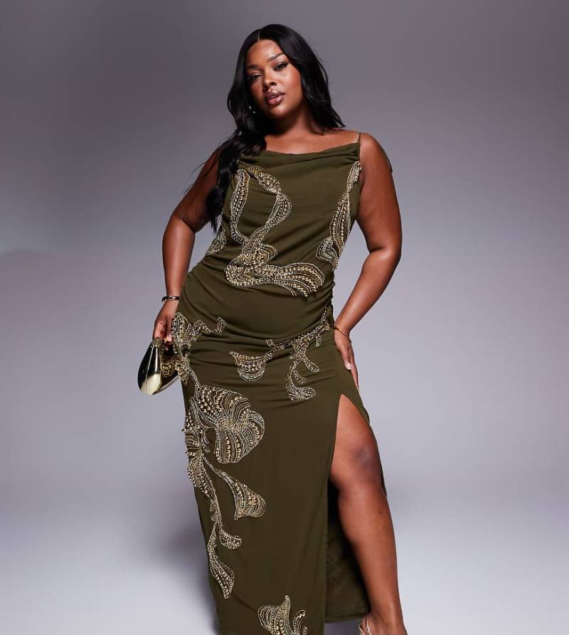 ASOS DESIGN Curve - Maxikleid in Khaki mit Overlay, drapiertem Rock, abfallender Taillenpartie und Verzierung-Grün von ASOS Curve