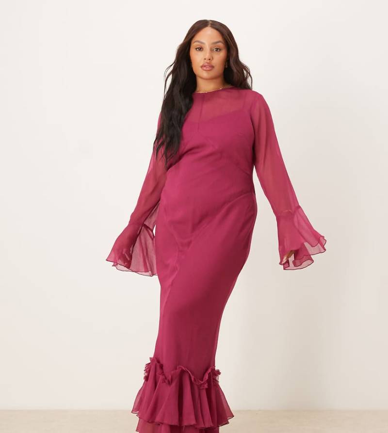 ASOS DESIGN Curve - Maxikleid in Kirschrot mit Flatterärmeln und Rüschensaum von ASOS Curve