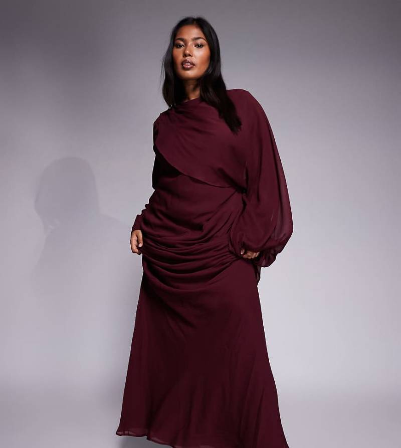 ASOS DESIGN Curve - Maxikleid in Maulbeerrot mit drapierter Vorderseite und Blouson-Ärmeln von ASOS Curve