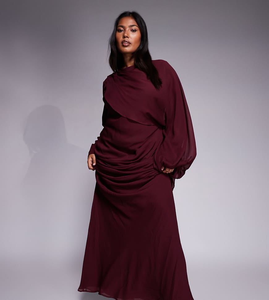 ASOS DESIGN Curve - Maxikleid in Maulbeerrot mit drapierter Vorderseite und Blouson-Ärmeln ASOS DESIGN Curve - Maxikleid in Maulbeerrot mit drapierter Vorderseite und Blouson-Ärmeln von ASOS Curve