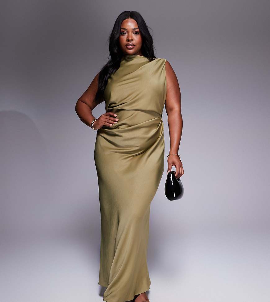 ASOS DESIGN Curve - Maxikleid in Olivgrün mit drapiertem Oberteil und Wasserfallausschnitt am Rücken von ASOS Curve