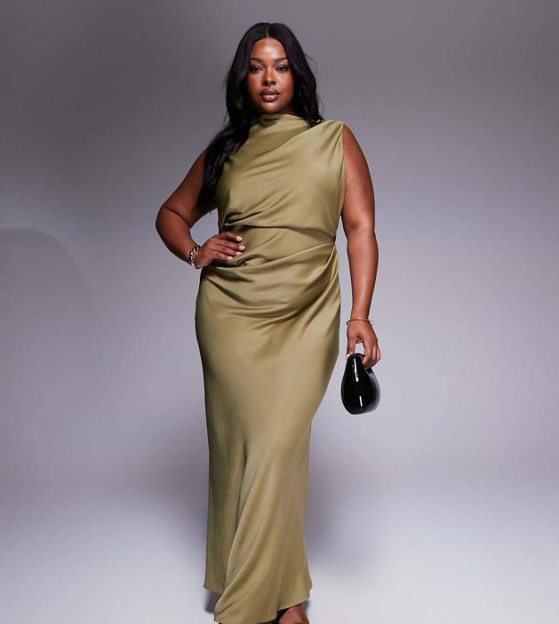 ASOS DESIGN Curve - Maxikleid in Olivgrün mit drapiertem Oberteil und Wasserfallausschnitt am Rücken von ASOS Curve