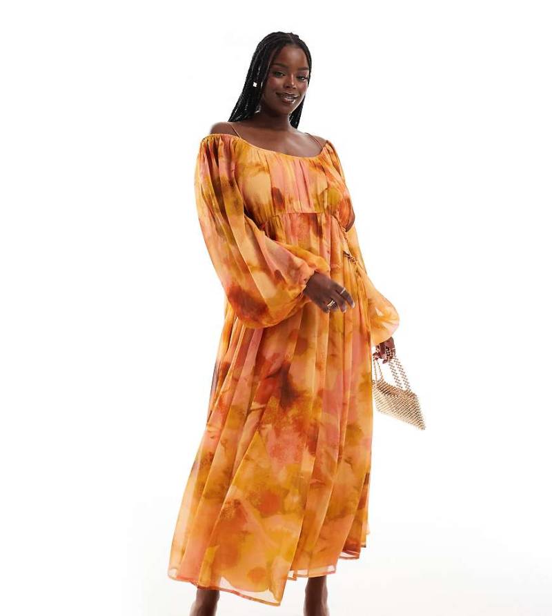 ASOS DESIGN Curve - Maxikleid in Orange mit U-Ausschnitt, gesmoktem Tailleneinsatz und Blumenmuster-Bunt von ASOS Curve