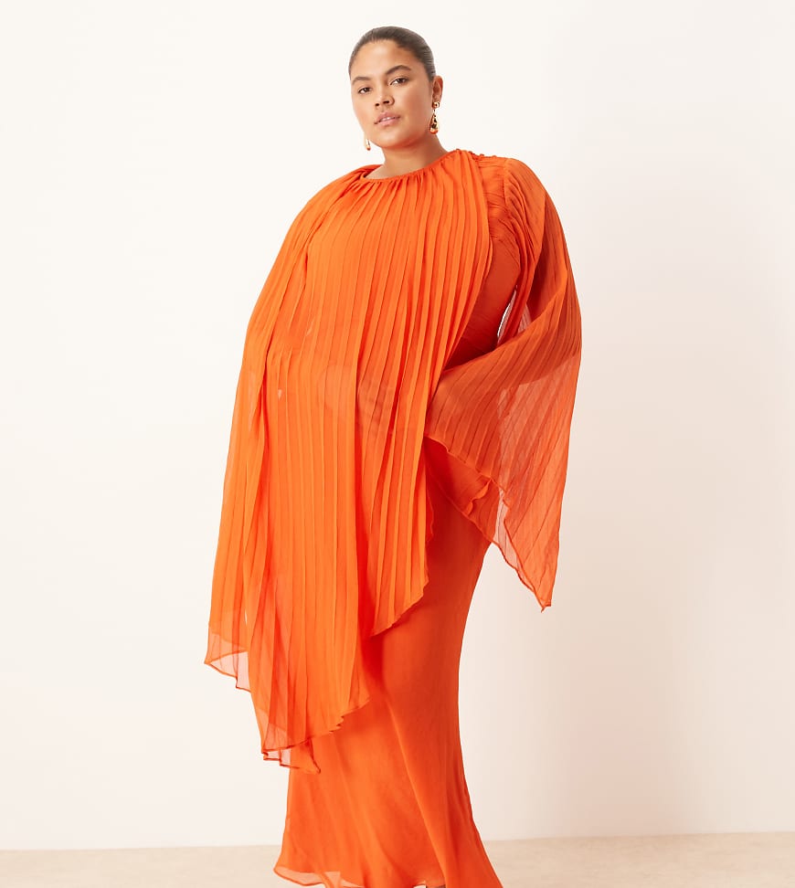 ASOS DESIGN Curve - Maxikleid in Orange mit auffällig plissierten Ärmeln und Schrägschnitt von ASOS Curve
