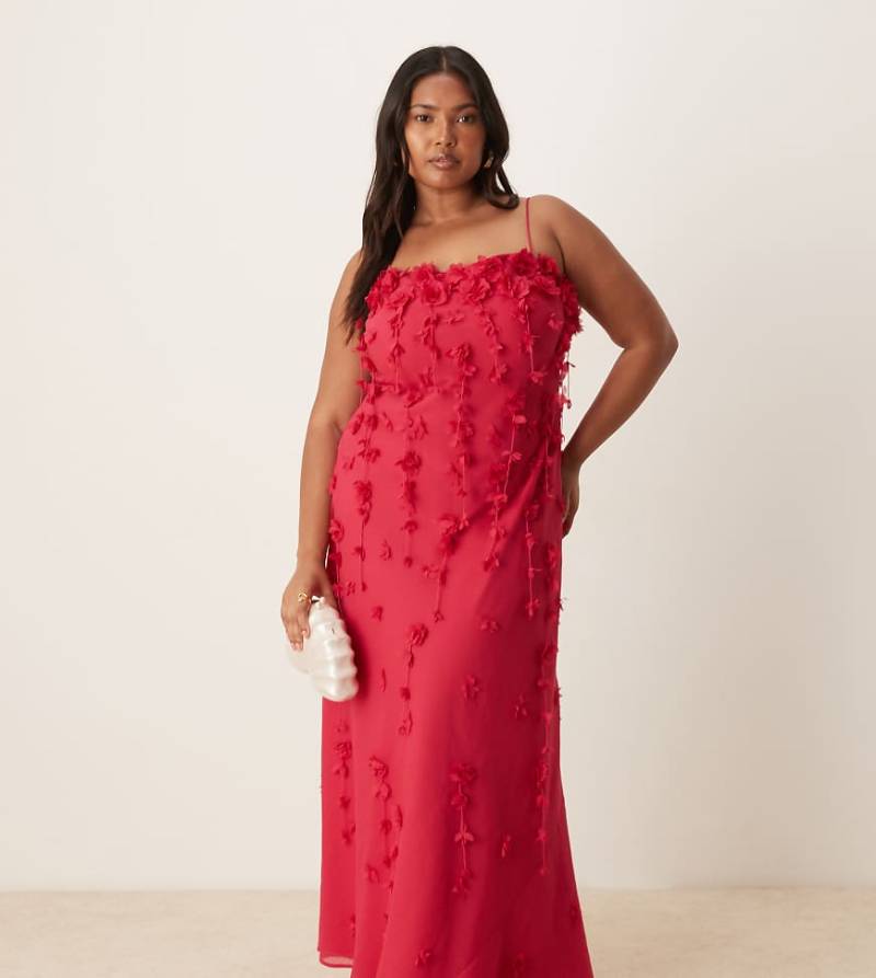 ASOS DESIGN Curve - Maxikleid in Rosa mit schmalen Trägern und 3D-Blumenapplikationen von ASOS Curve