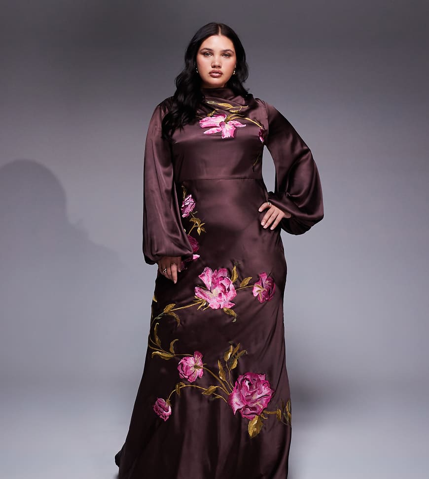 ASOS DESIGN Curve - Maxikleid in Schokobraun mit Schrägschnitt, Blousonärmeln, Blumenstickerei und Wasserfallausschnitt-Brown ASOS DESIGN Curve - Maxikleid in Schokobraun mit Schrägschnitt, Blousonärmeln, Blumenstickerei und Wasserfallausschnitt-Brown von ASOS Curve